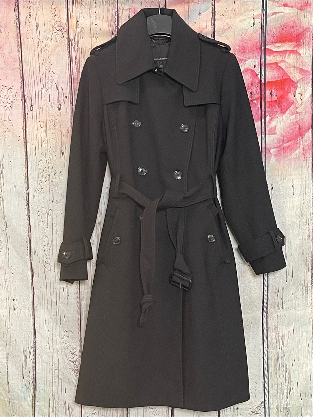 Banana Republic Black Trench Coat Large Petite